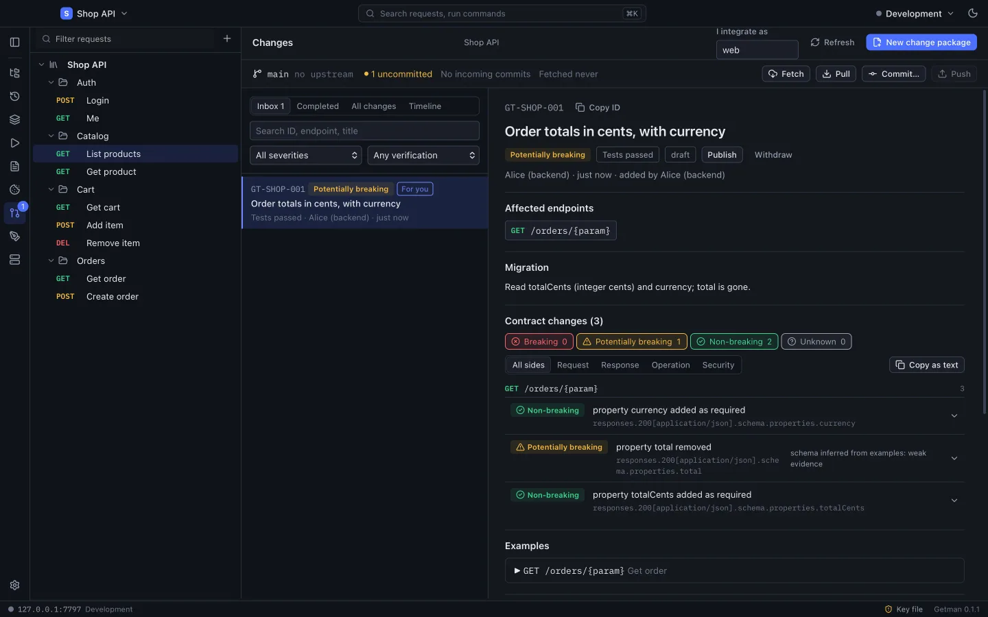 The Getman Integration Inbox listing incoming change packages