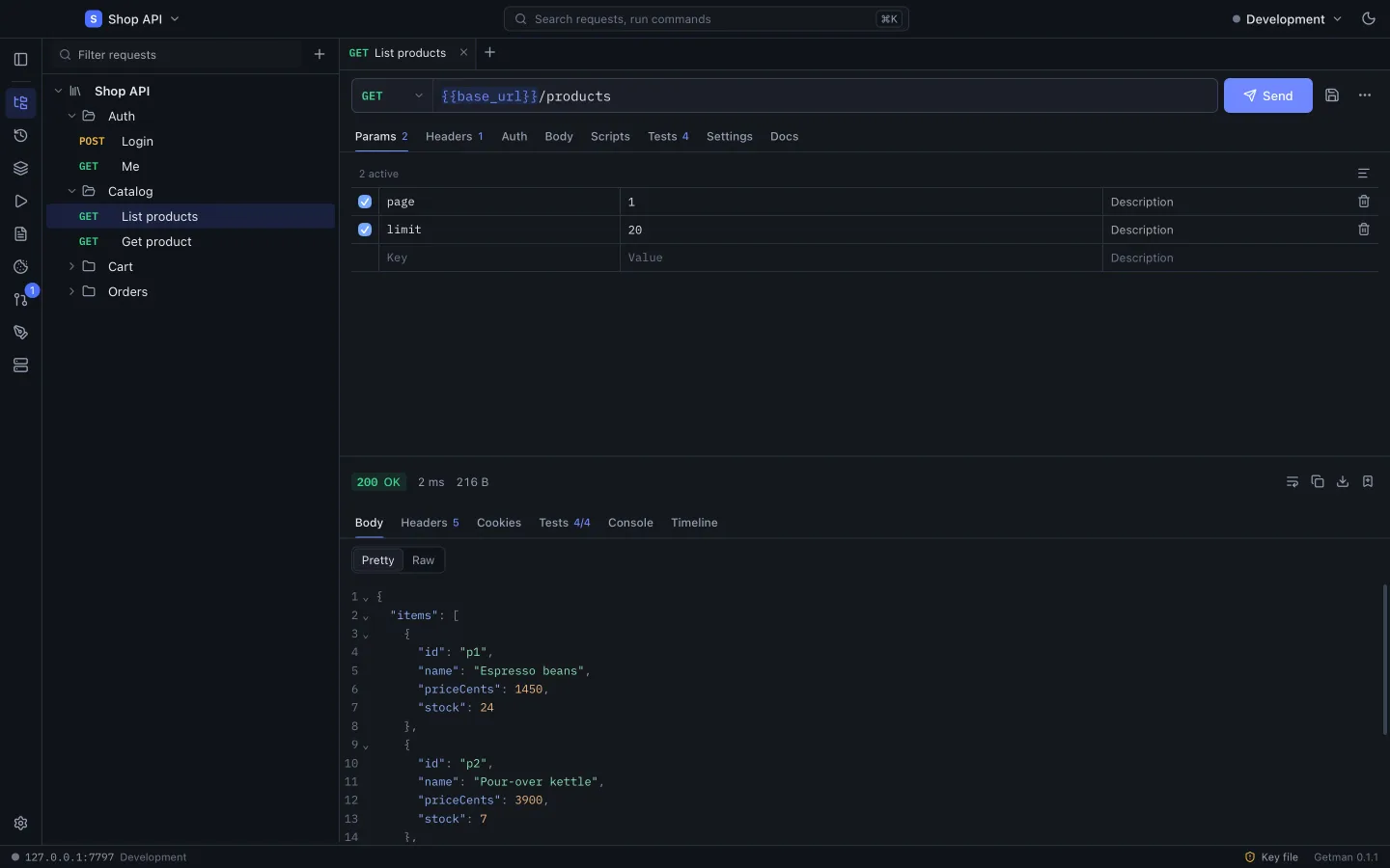 The Getman window: a saved GET request with a 200 OK JSON response, its status, time and size